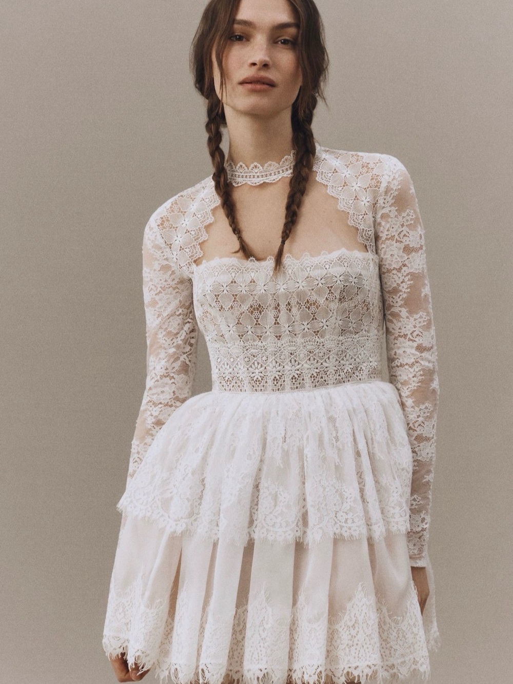 Bronx and Banco White Lace Long-Sleeve Mini Dress
